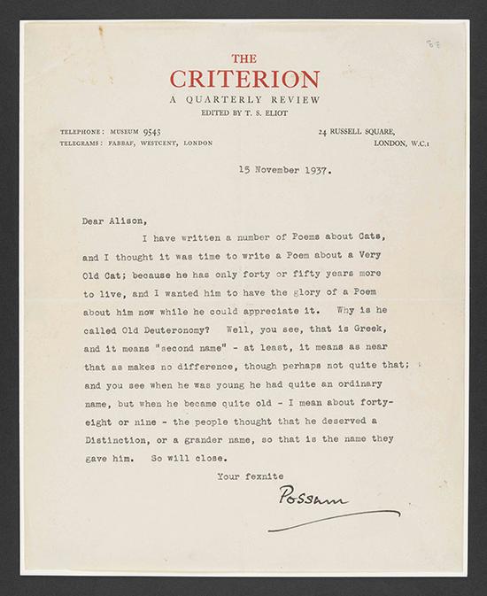 T.S。艾略特写给艾利森·坦迪的亲笔信，信的日期为1937年11月15日，大英图书馆藏：Add MS 71002 f 88r。这封信收录在“T.S。 艾略特与坦迪家族成员的书信，包括《擅长装扮的老猫经》中的诗作草稿，1936年至 1940年 ” 中。大英图书馆藏：Add MS 71002， Add MS 71003 图来片源：&copy; Faber &amp； Faber Ltd。 and the Estate of T.S。 Eliot