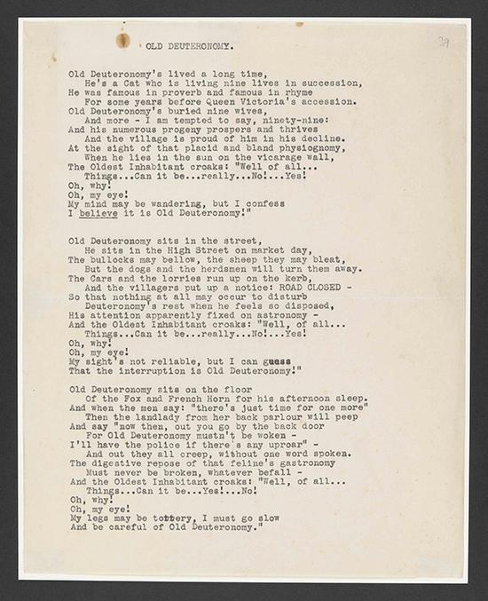 《老戒律伯》一诗的草稿，T.S。艾略特作，夹在艾略特写给艾利森•坦迪的信中，信的日期为1938年11月15日。大英图书馆藏：Add MS 71002， f 89r 图来片源：&copy; Faber & Faber Ltd。 and the Estate of T.S。 Eliot