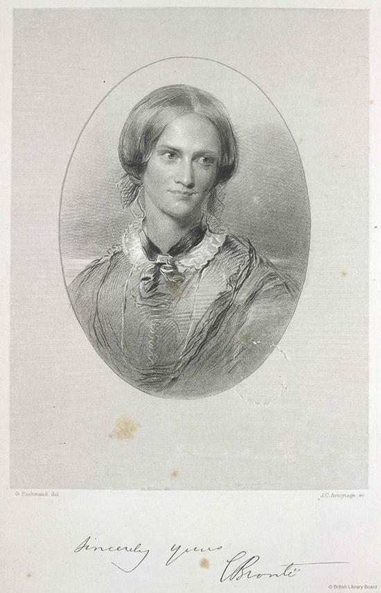 夏洛蒂∙勃朗特肖像，J。 C。 阿米蒂奇仿照乔治•里士满的画作所刻，由史密斯与埃尔德出版公司出版，伦敦，1857年，选自《F。 J。 斯坦福思所作英国女诗人肖像版画集》。大英图书馆藏：1876.f.22 图片来源：&copy; British Library Board