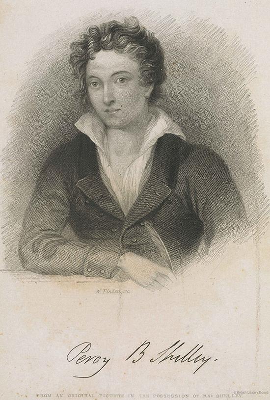 珀西·比希·雪莱肖像，《珀西·比希·雪莱诗选》卷首插图。《珀西·比希∙雪莱诗选》，玛丽·雪莱编（伦敦：E。莫克森出版社，1839年）。大英图书馆藏：W69198 DSC 图片来源：&copy; British Library Board